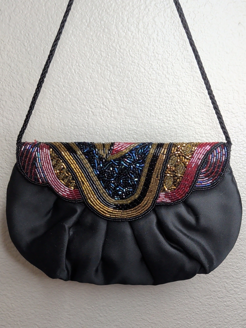 Vintage 80s Art Deco Style Evening Bag Black Satin Beaded Formal Purse